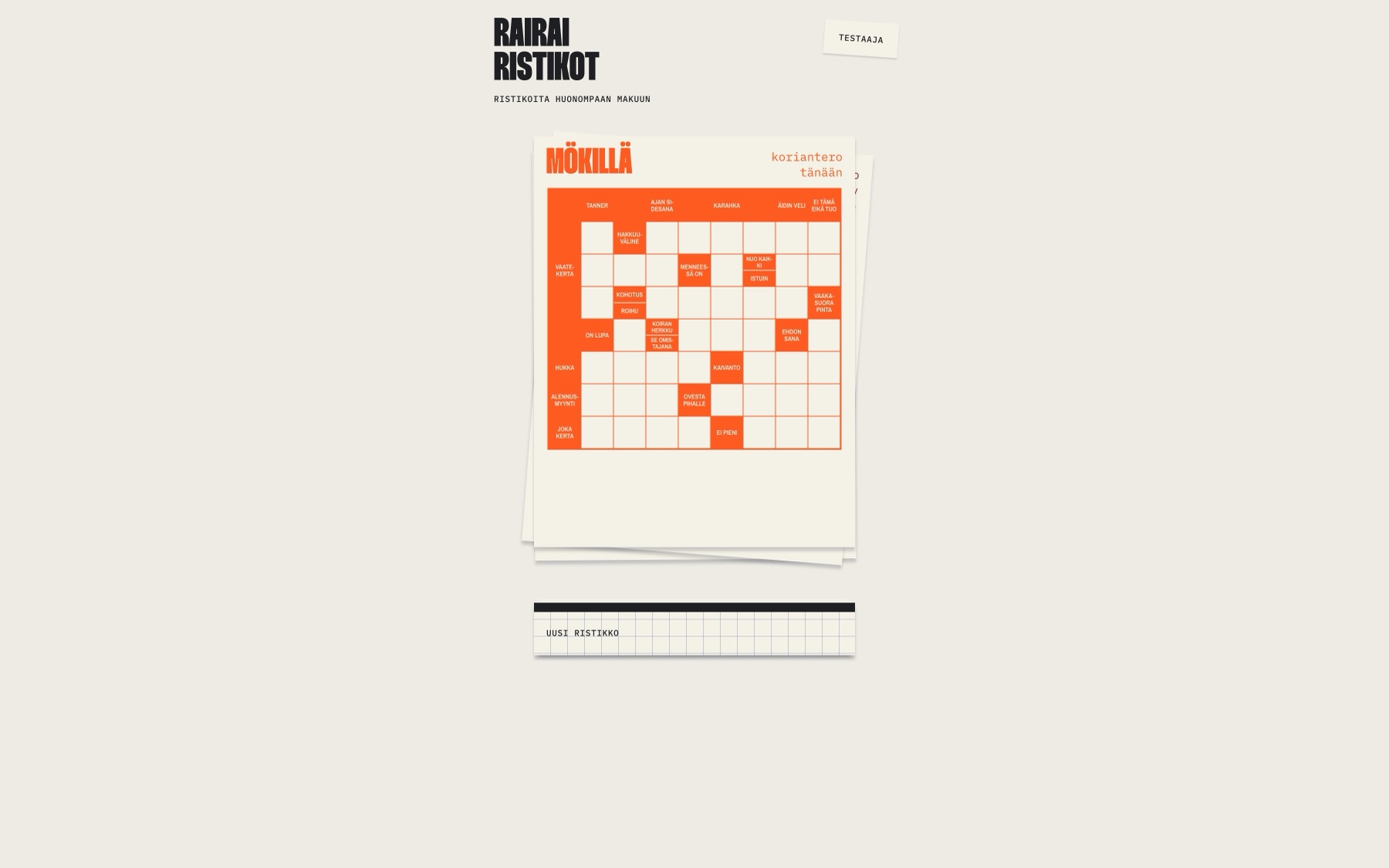 The Rairai ristikot desk in a browser: the heading top left, a pile of cream sheets in the middle with an orange crossword on top, and a pad of grid paper below it